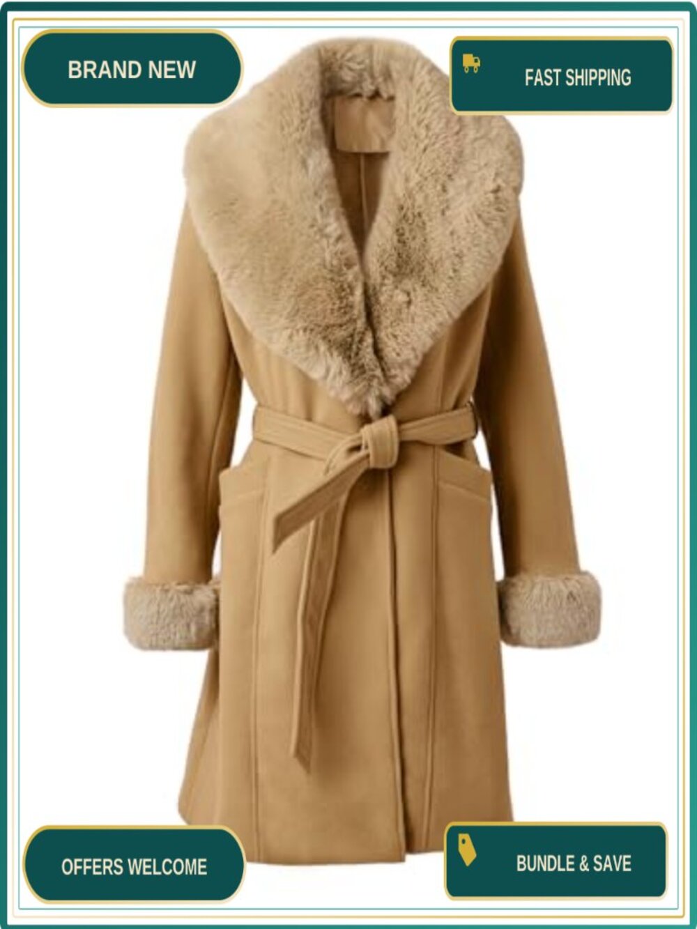 Wool Blend Trench Coat Faux Fur Shawl Collar Mid-Length